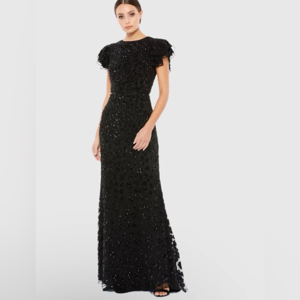 MAC Duggal Black flutter sleeve Beaded Evening Dress Size 6